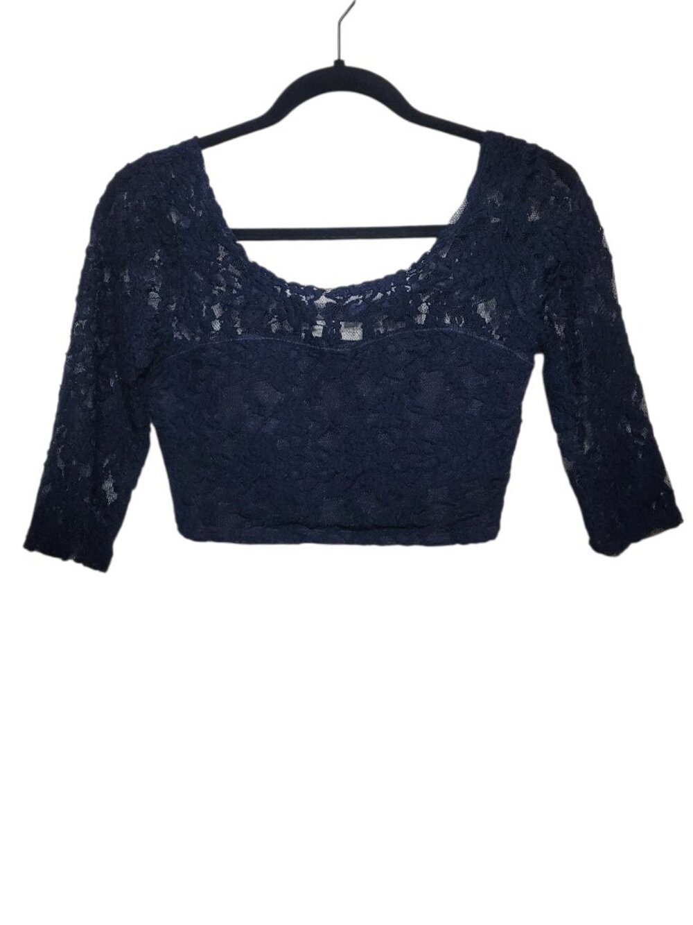 Abercrombie & Fitch Lace Crop Top 3/4 Sleeve Sheer Floral Mesh Blouse Navy Blue